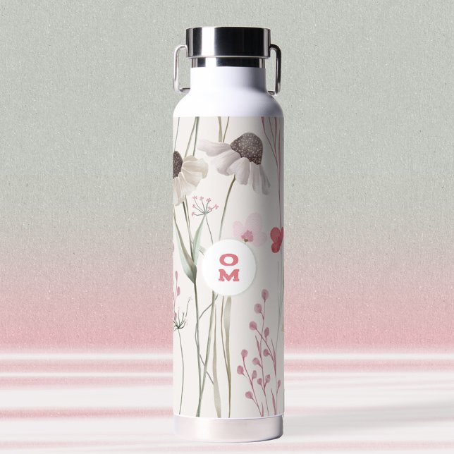 Modern Large Wildblume Monogram Light Pink Green Trinkflasche (Mauve Sage Wildflower Monogram Water Bottle ©Susanne Sachers - Sunny Mind Design 🌞)