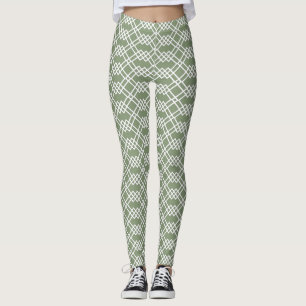 Modern Lattice Geometric Sage Green Jade & White Leggings