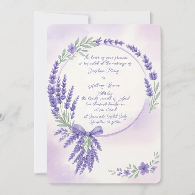 Modern Lavender Typografy Wreath Wedite Einladung (Vorderseite)