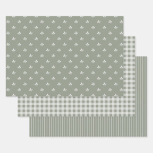 Modern Leaf Gingham Pinstripe Pattern Mix Green   Geschenkpapier Set