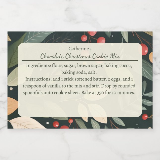 Modern Leaves and Berries Christmas Baking Mix Lebensmitteletikett (Einzelnes Label)