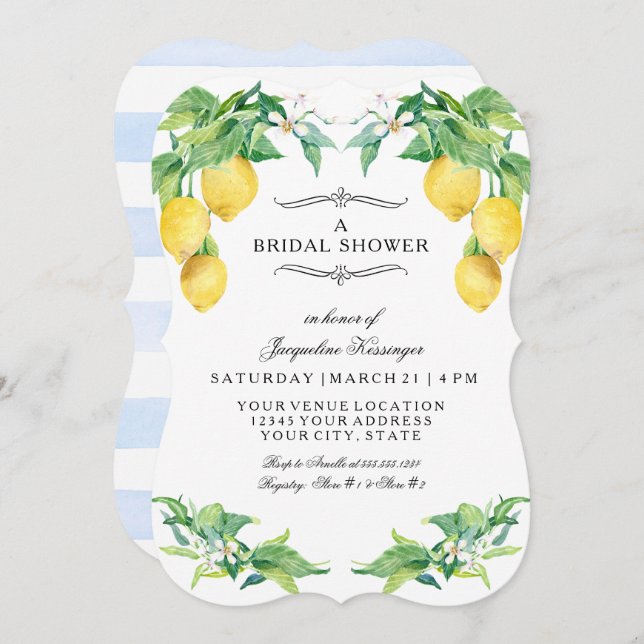 Modern Lemon Floral Elegant Blue Bridal Shower Einladung (Vorne/Hinten)