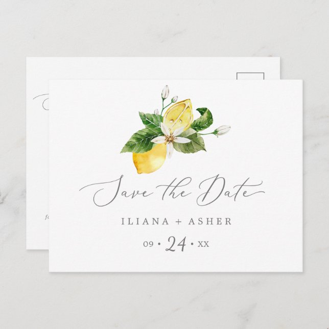 Modern Lemon Garden Save the Date Postkarte (Vorne/Hinten)