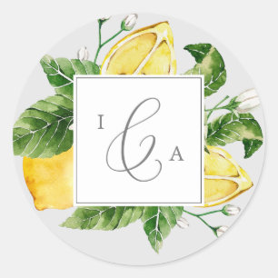 Modern Lemon Gray Monogram Wedding Umschlag Aufk Runder Aufkleber
