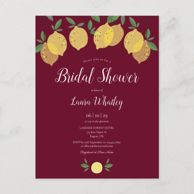 Modern Lemons Burgundy Bridal Dusche Einladung (Vorderseite)
