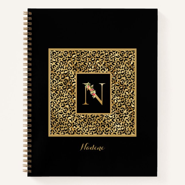 Modern Leopard Gold Personal Monogram Letter N Notizbuch (Vorderseite)