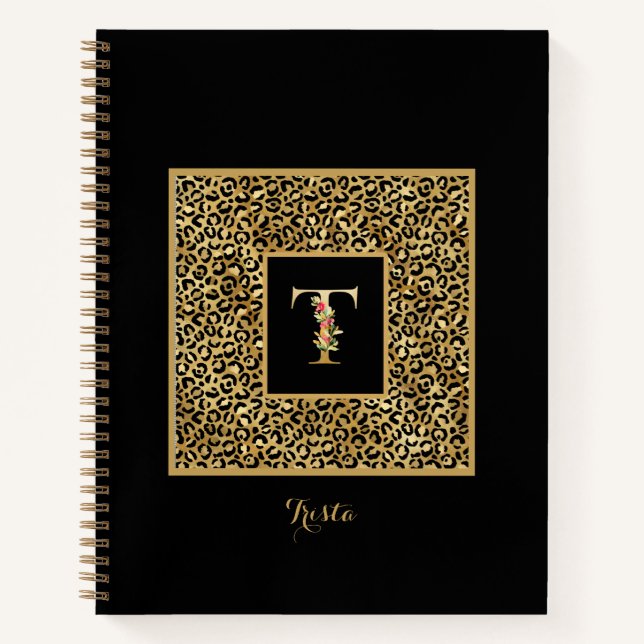 Modern Leopard Gold Personal Monogram Letter T Notizbuch (Vorderseite)