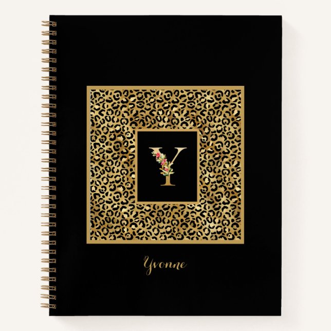 Modern Leopard Gold Personal Monogram Letter Y Notizbuch (Vorderseite)