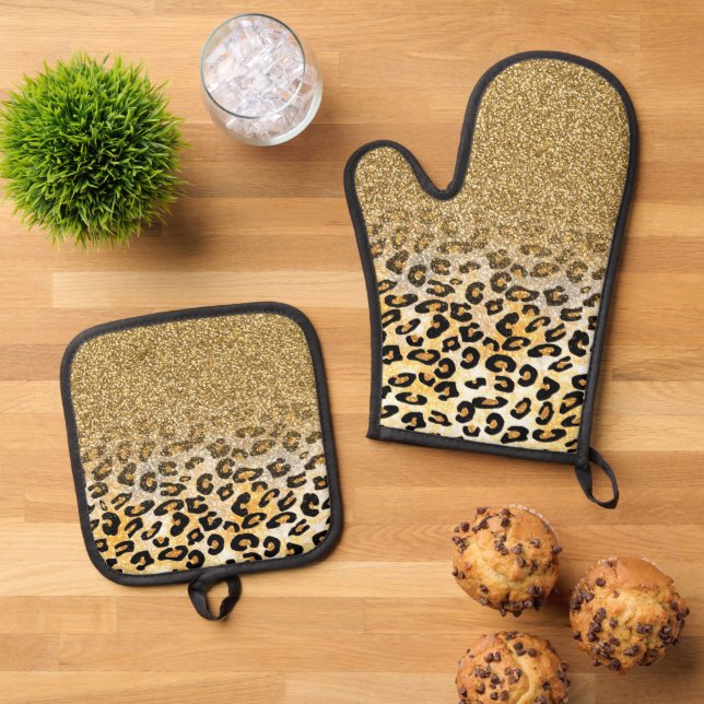 Modern Leopard Pattern Gold Glitzer Ombre Ofenhandschuh & Topflappen-Set (Oben Unten)