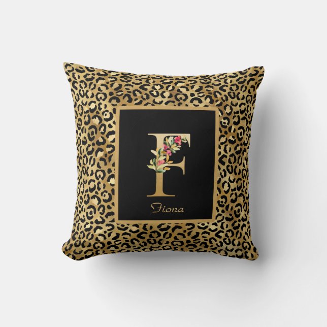 Modern Leopard Personalisiert Monogram F Initial Kissen (Vorderseite)