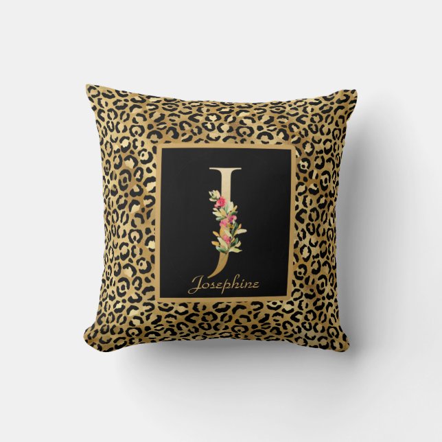 Modern Leopard Personalisiert Monogram J Initial Kissen (Vorderseite)