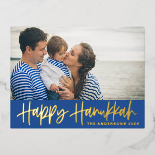 Modern Lettering Blue Happy Hanukkah Foto Folien Feiertagspostkarte