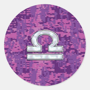 Modern Libra Zodiac Symbol on Fuchsia Digital Camo Runder Aufkleber