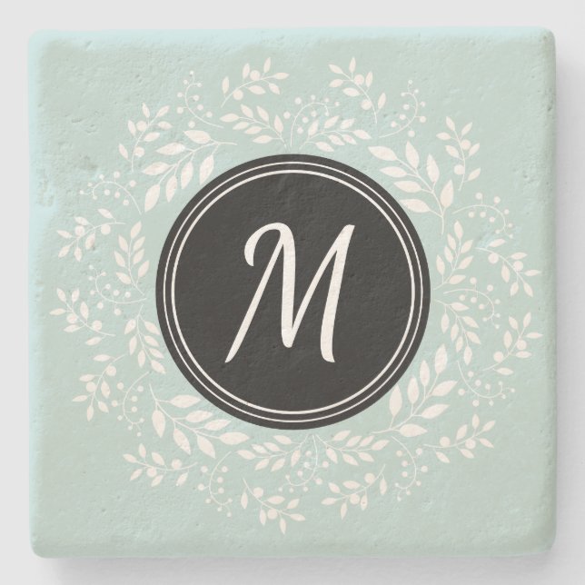 Modern Light Blue Floral Wreath Personalisiert Steinuntersetzer (Vorderseite)