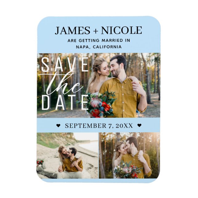 Modern Light Blue Save the Date Hochzeit 3 Fotos Magnet (Vertikal)