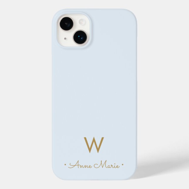 Modern Light Dusty Blue Gold Script Monogram Case-Mate iPhone Hülle (Rückseite)