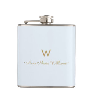 Modern Light Dusty Blue Gold Script Monogram Flachmann