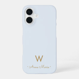 Modern Light Dusty Blue Gold Script Monogram iPhone 16 Hülle