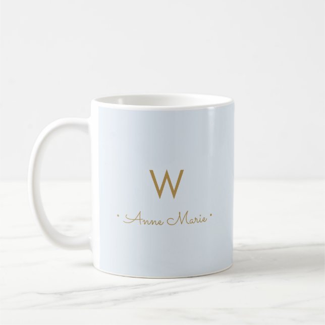 Modern Light Dusty Blue Gold Script Monogram Kaffeetasse (Links)