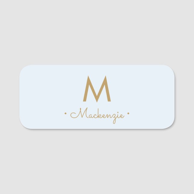 Modern Light Dusty Blue Gold Script Monogram Namensschild (Vorderseite)
