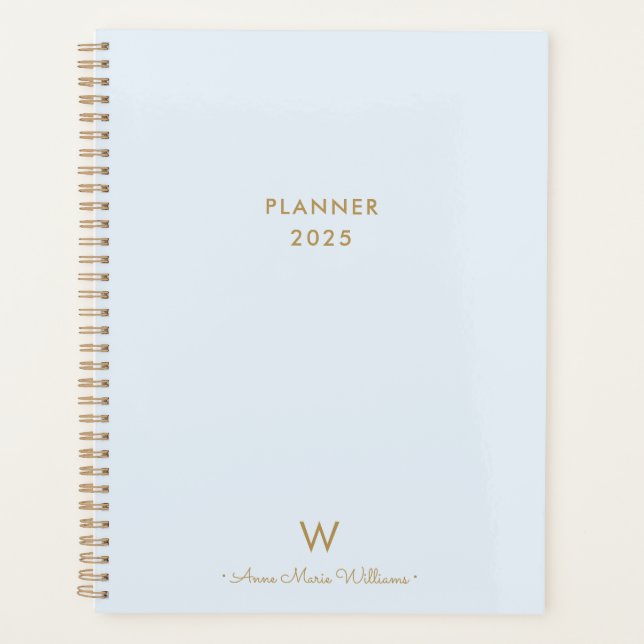 Modern Light Dusty Blue Gold Script Monogram Planer (Vorderseite)