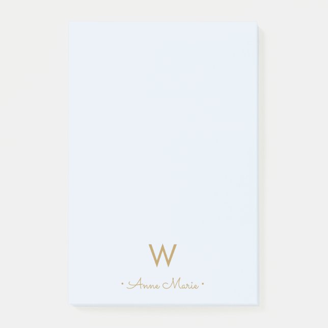 Modern Light Dusty Blue Gold Script Monogram Post-it Klebezettel (Vorderseite)