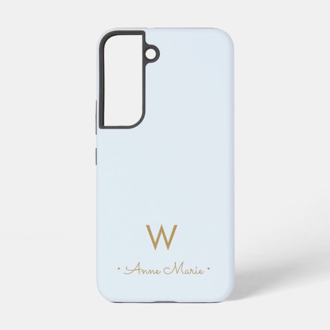 Modern Light Dusty Blue Gold Script Monogram Samsung Galaxy Hülle (Rückseite)