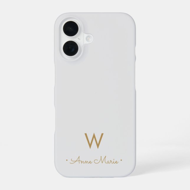 Modern Light Gray Gold Script Monogram iPhone 16 Hülle (Rückseite)