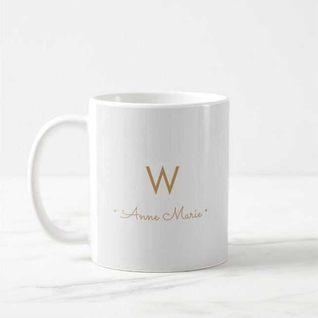 Modern Light Gray Gold Script Monogram Kaffeetasse (Links)