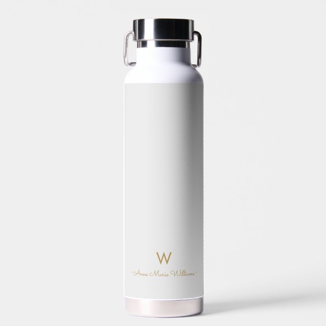 Modern Light Gray Gold Script Monogram Trinkflasche (Vorne)