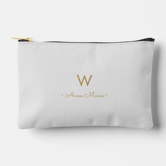 Modern Light Gray Gold Script Monogram Zubehörtasche (Vorderseite)