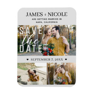 Modern Light Gray Save the Date Hochzeit 3 Fotos Magnet