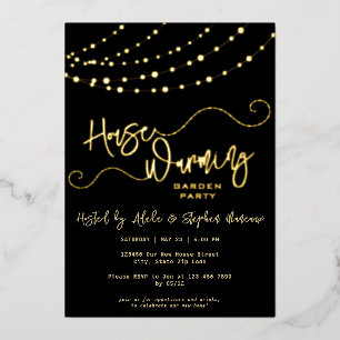 Modern Light String Script Housewarming Party Gold Folieneinladung