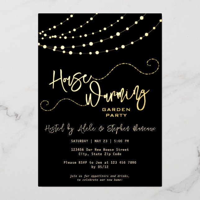 Modern Light String Script Housewarming Party Gold Folieneinladung (Vorderseite)