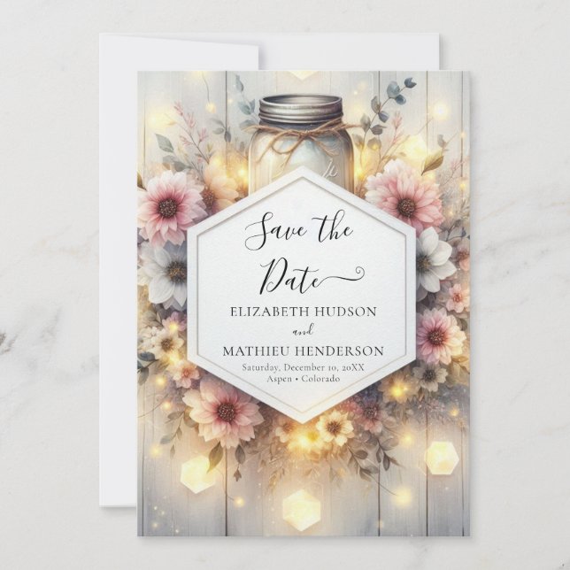 Modern Lights Mason Jar Wedding Save The Date (Vorderseite)