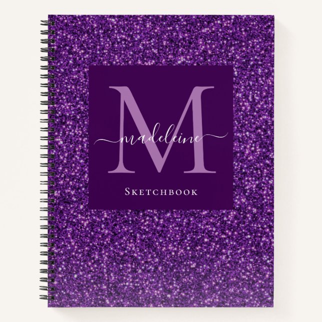 Modern Lila Glitzer Monogram Sketchbook Notebook Notizbuch (Vorderseite)