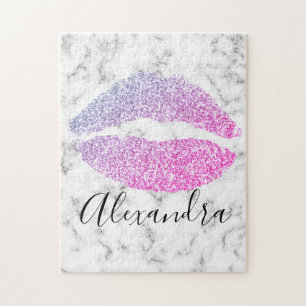 Modern lila rosa Glitzer lips kiss name Puzzle