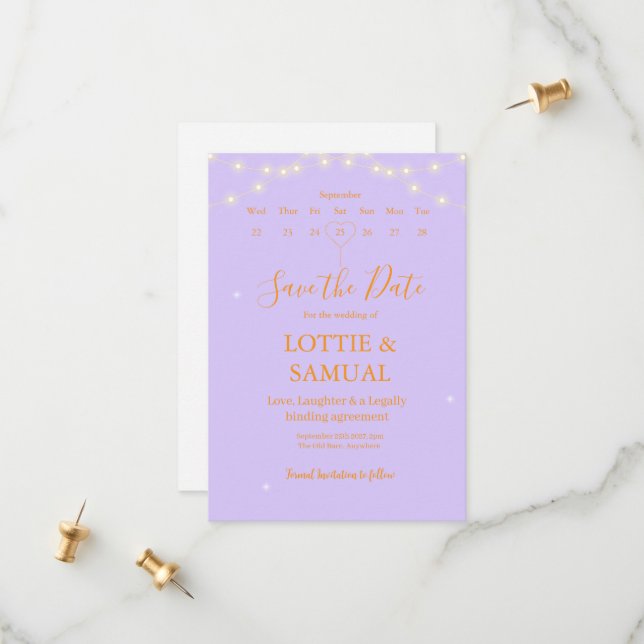 Modern Lilac fairy lights  Save The Date (Vorderseite/Rückseite Beispiel)