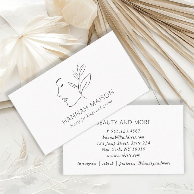 Modern, Line Art, Frau, Blätter, Salon, Weiß Visitenkarte (Von Creator hochgeladen)