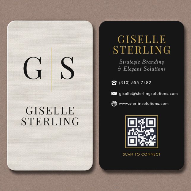 Modern Linen Gold Monogram QR Code Visitenkarte (Von Creator hochgeladen)