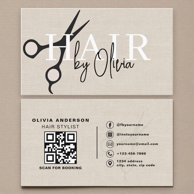 Modern Linen Scissors QR Code Hair Stylist  Visitenkarte (Von Creator hochgeladen)