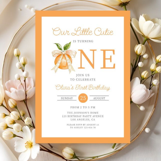 Modern Little Cutie Orange Citrus 1st Birthday Einladung (Modern Little Cutie Orange Citrus 1st Birthday Invitation)