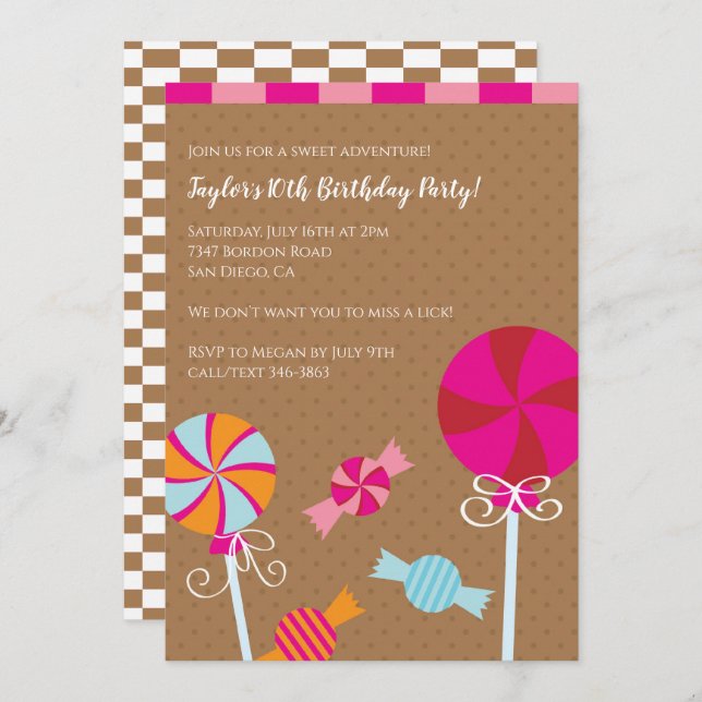 Modern Lollipop : Pink Brown Candy Birthday Party Einladung (Vorne/Hinten)