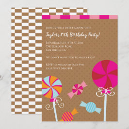Modern Lollipop : Pink Brown Candy Birthday Party Einladung