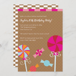Modern Lollipop : Pink Brown Candy Birthday Party Einladung