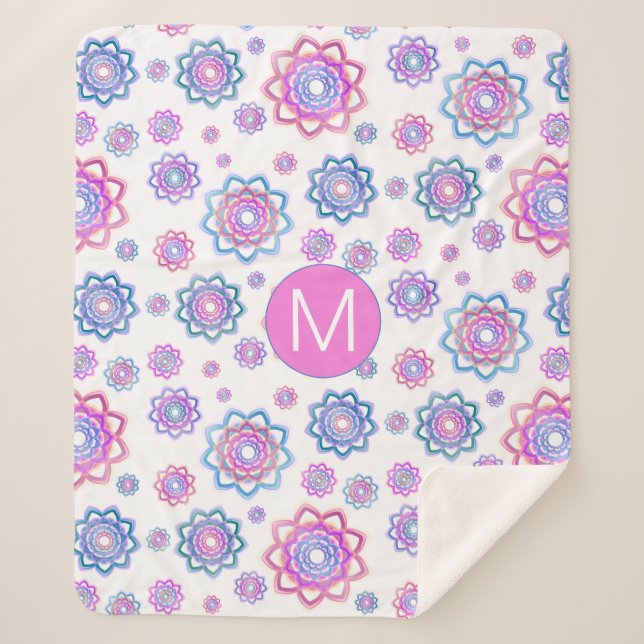 Modern Lotus Blume Pink Pastellgrün Monogramm Sherpadecke (Vorderseite)