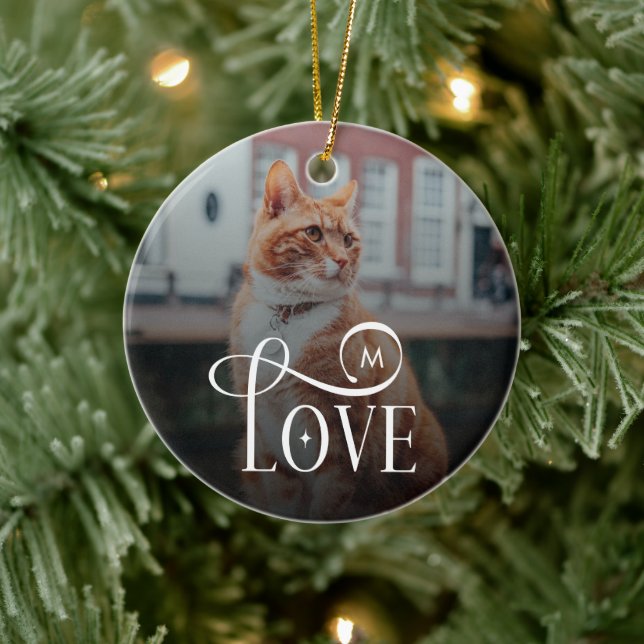 Modern Love Custom Cat Pets Photo Monogram Keramik Ornament (Baum)
