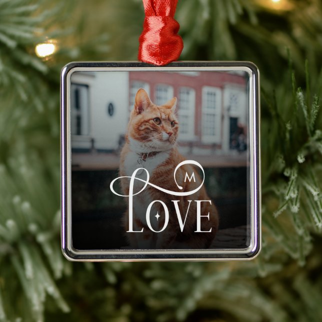 Modern Love Custom Cat Pets Photo Monogram Ornament Aus Metall (Baum)