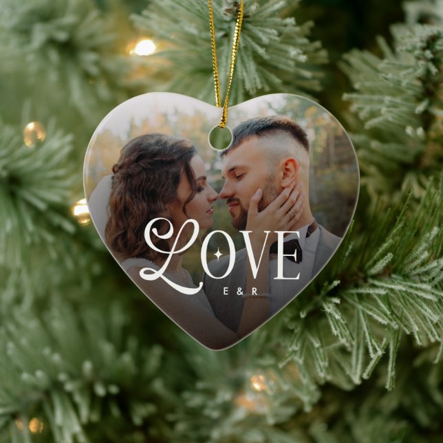 Modern Love Custom Wedding Photo Couples Monogram Keramik Ornament (Baum)