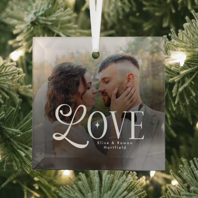 Modern Love Custom Wedding Photo Couples Monogram Ornament Aus Glas (Insitu)
